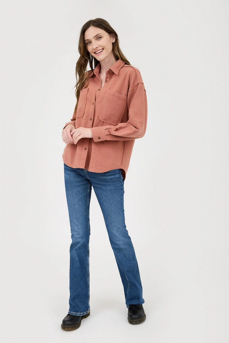 MAEVE RIBBED KNIT EXPOSED SEAM SHIRT