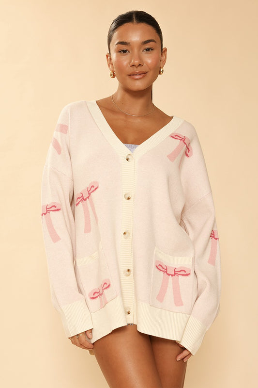 ADRIANNE BOW DESIGN CARDIGAN | CREAM/PINK