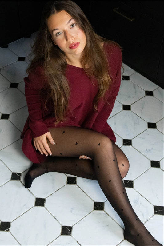 ALL OVER HEART PRINT SEMI SHEER TIGHTS | BLK/BLK