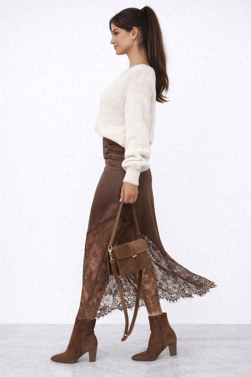 STASSI SATIN AND LACE MIDI SKIRT