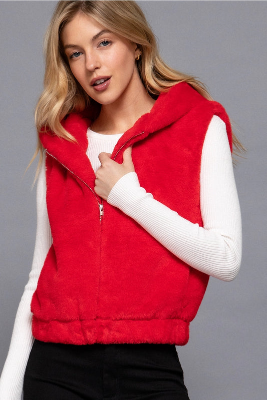 TANDA HOODED FAUX FUR VEST | RED