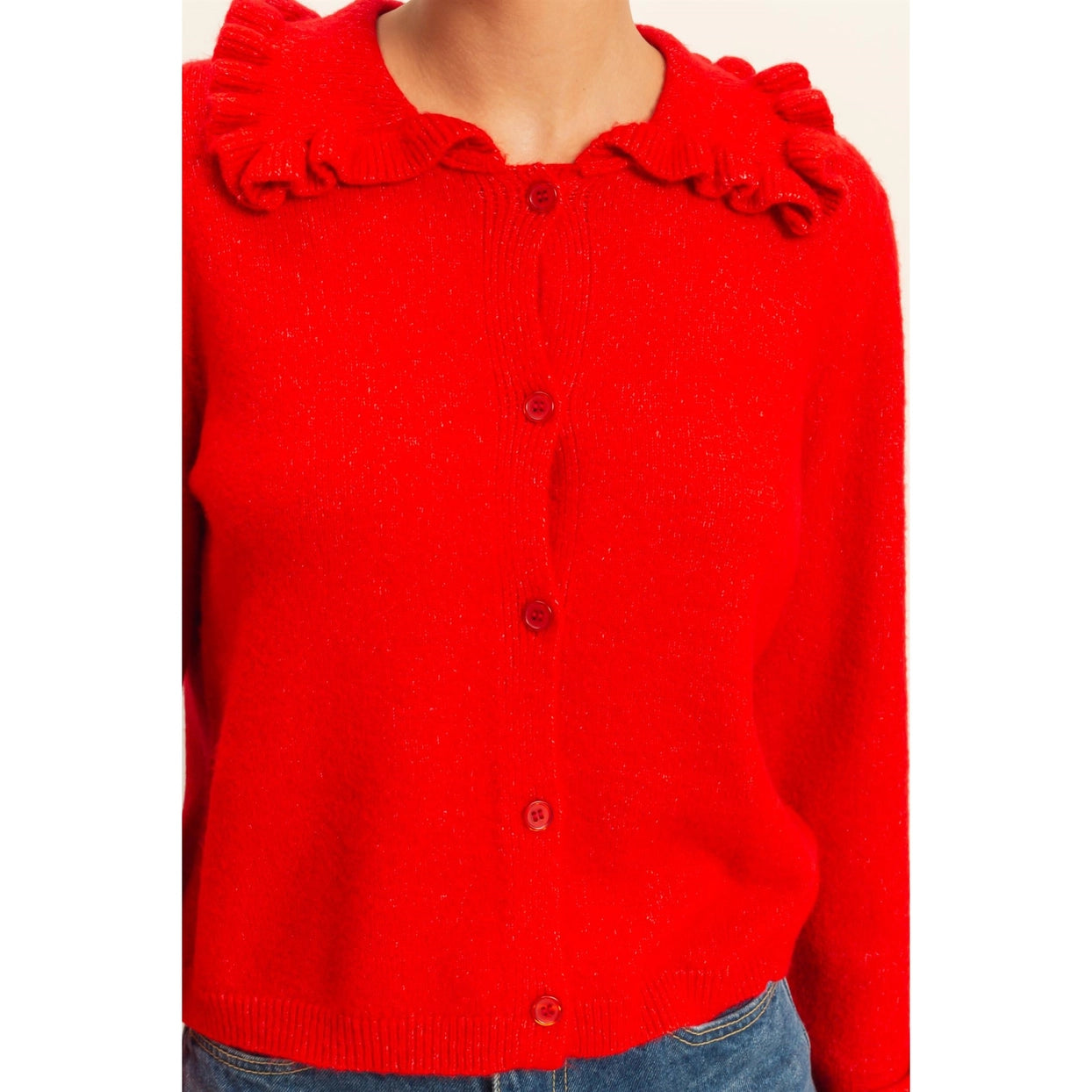 RAELLE RUFFLE COLLAR BUTTON FRONT CARDIGAN