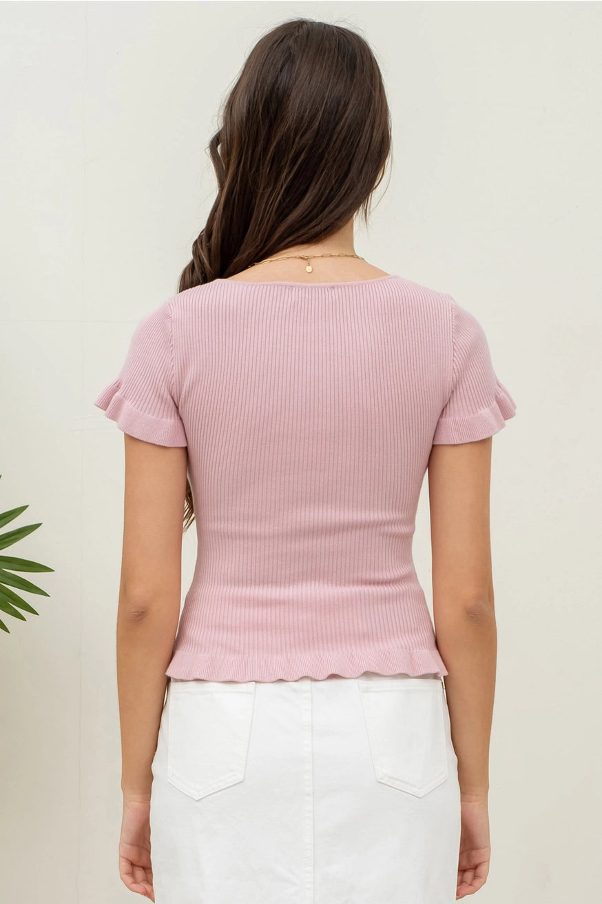 KRISTY RUFFLE HEM SHORT SLEEVE RIBBED SWEATER | DUSTY PINK