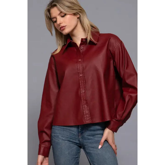 KAELIE FAUX LEATHER SHIRT | VINTAGE RED