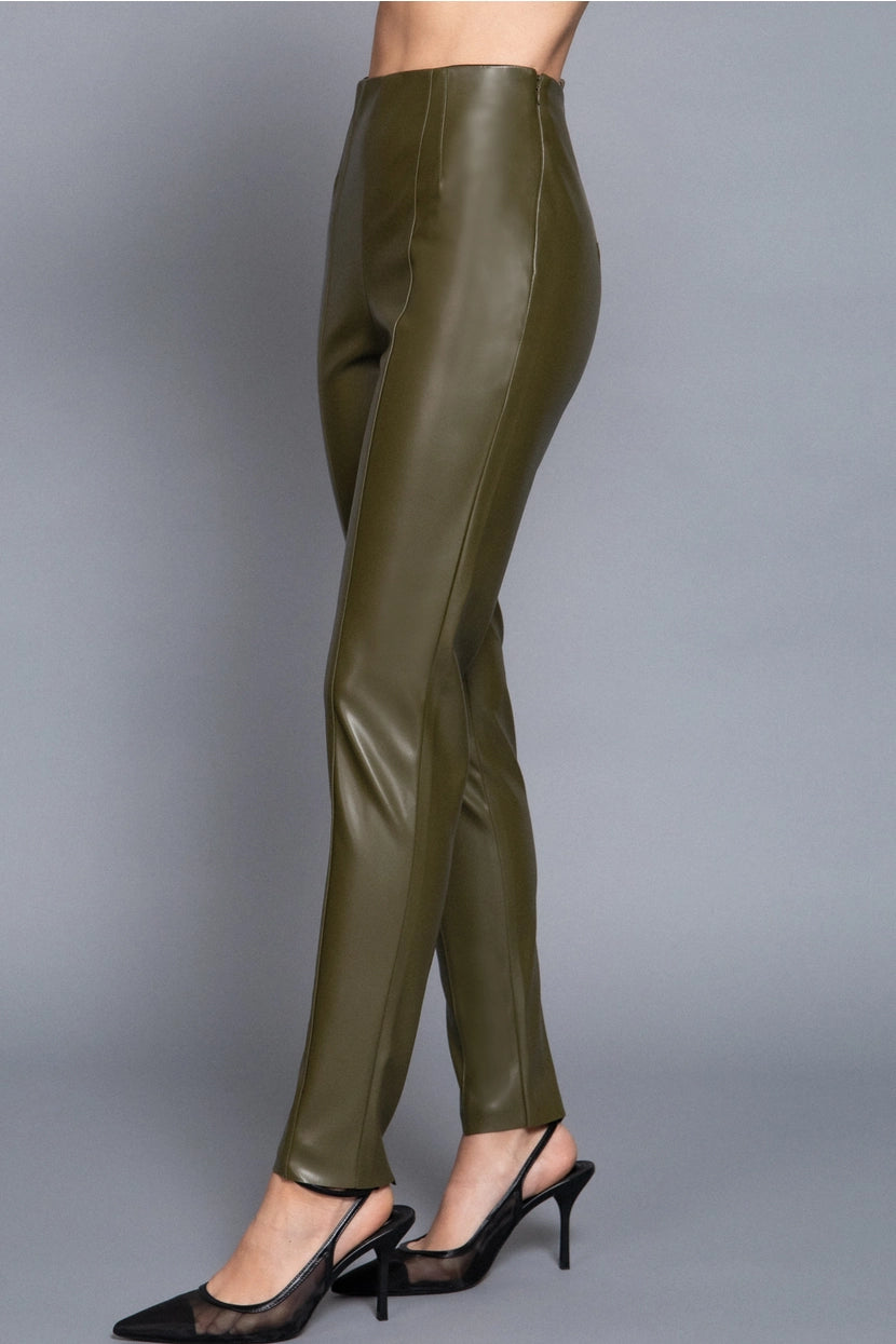 FINNEGAN SIDE ZIPPER FAUX LEATHER PANTS | OLIVE