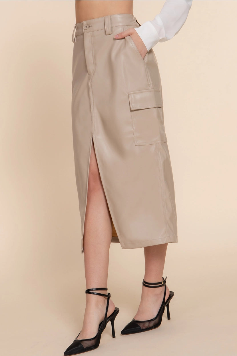 CENE FAUX LEATHER MIDI CARGO SKIRT | TAUPE