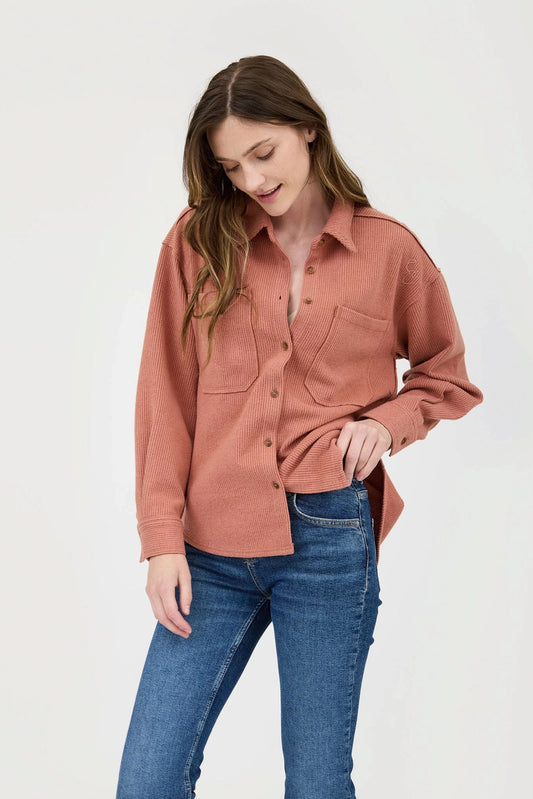 MAEVE RIBBED KNIT EXPOSED SEAM SHIRT