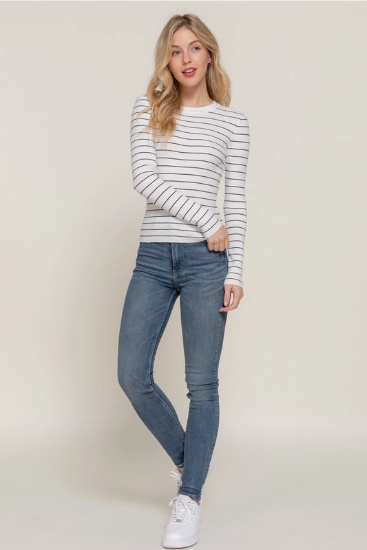 MIYA CREW NECK RIBBED STRIPED SWEATER