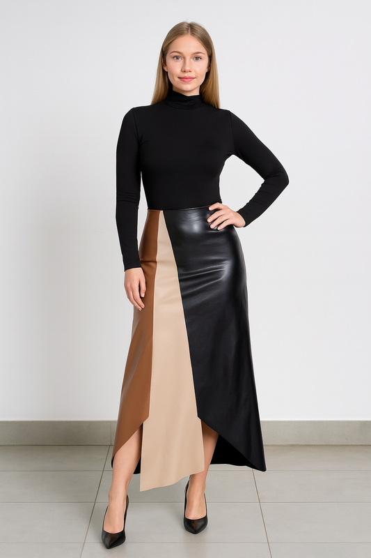 CYRUS FAUX LEATHER COLOUR BLOCK MAXI SKIRT
