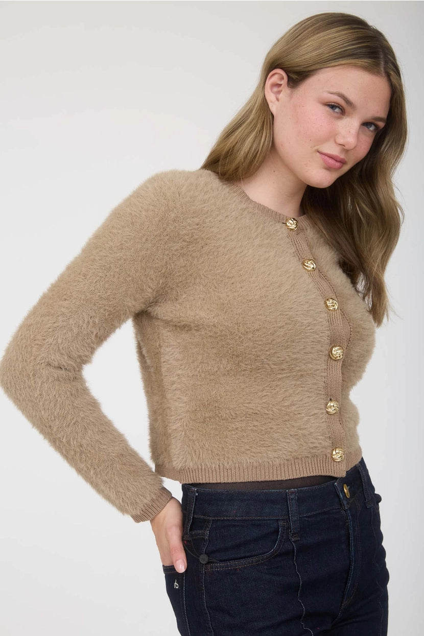 MALANY FUZZY KNIT BUTTON FRONT CARDIGAN