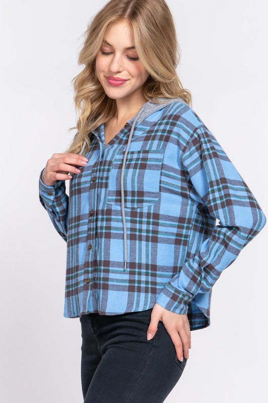 TANNIS HOODED BUTTON DOWN PLAID SHIRT | BLUE