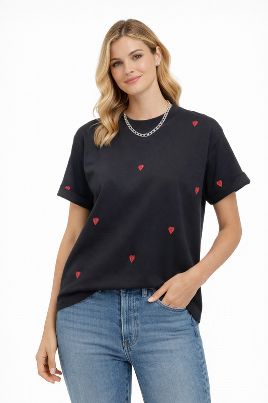 RHYS EMBROIDERED HEART TEE | BLACK