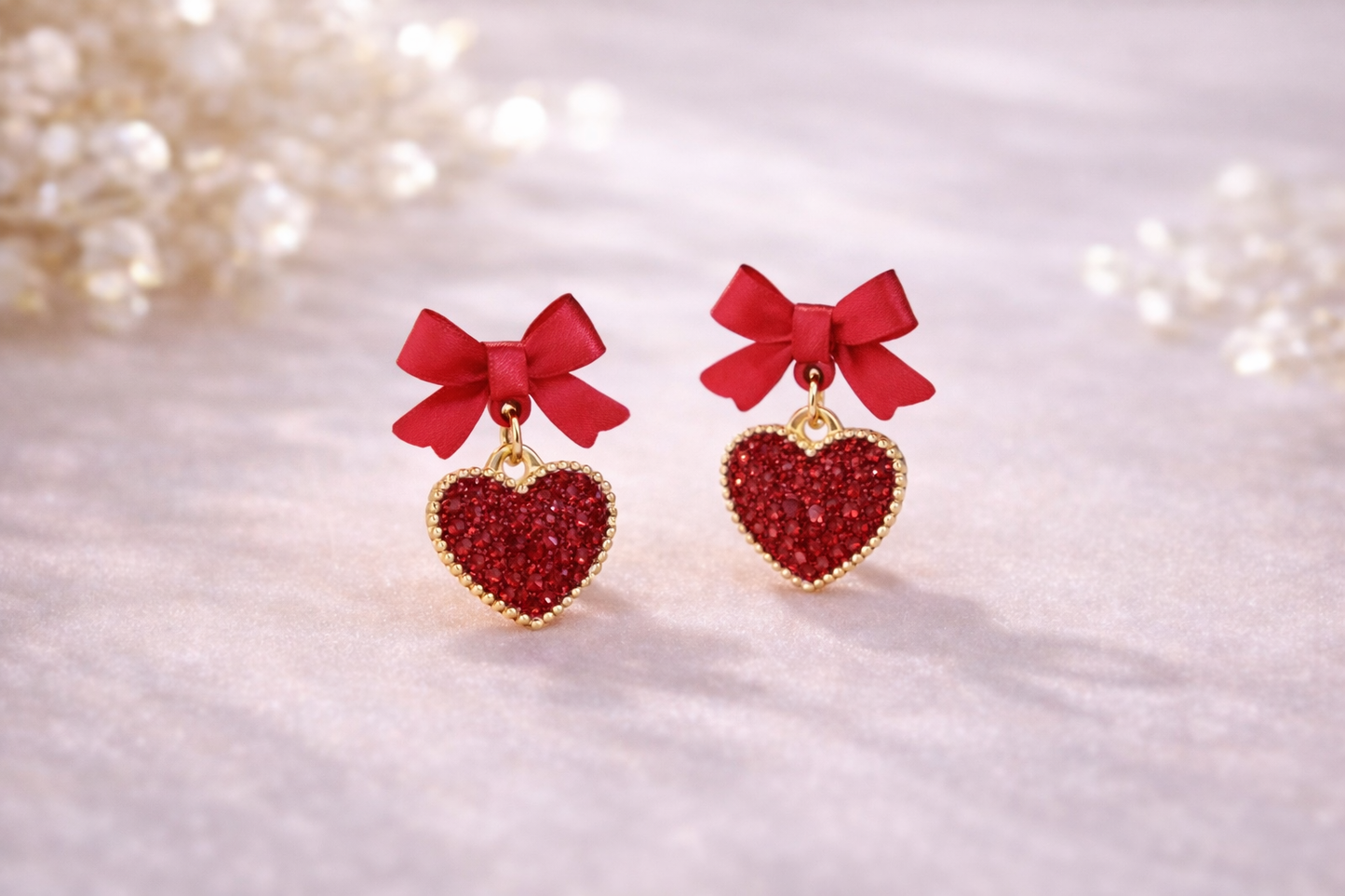 SPARKLE HEART AND BOW MINI DANGLE EARRINGS