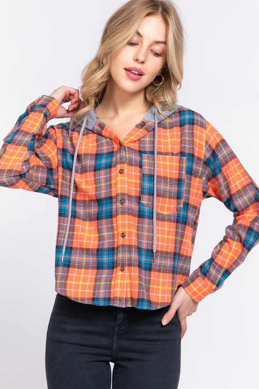 TANNIS HOODED BUTTON DOWN PLAID SHIRT | ORANGE