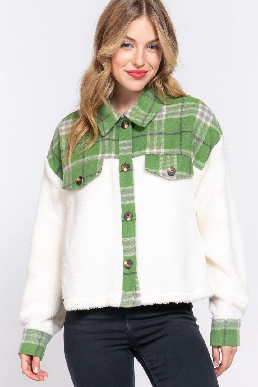 JACE PLAID CONTRAST FAUX FUR SHACKET