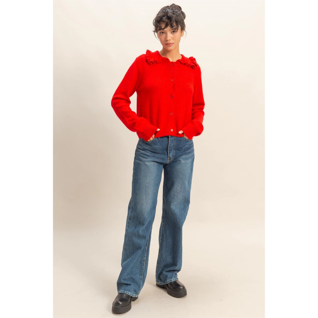 RAELLE RUFFLE COLLAR BUTTON FRONT CARDIGAN