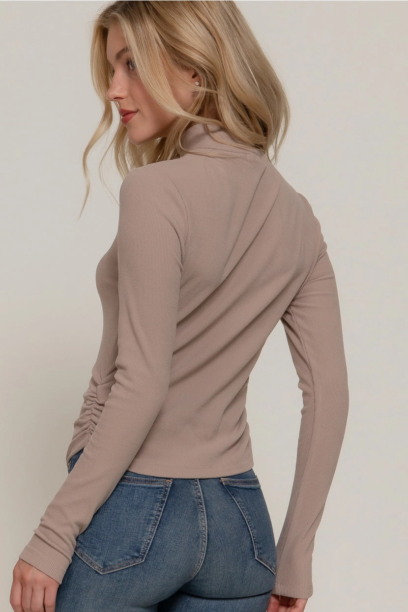 LEISHA RUCHED DETAIL BRUSHED RIBBED TOP | TAUPE