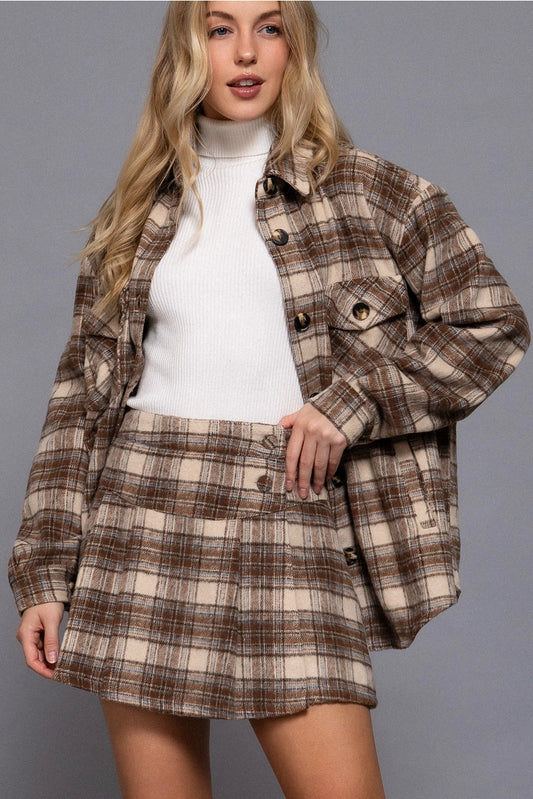 LINLEY BRUSHED PLAID SKIRT | TAUPE/CHOCOLATE
