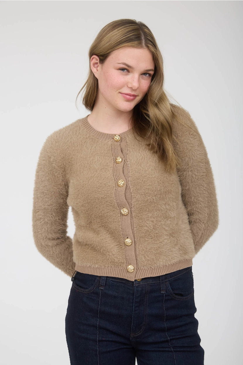 MALANY FUZZY KNIT BUTTON FRONT CARDIGAN