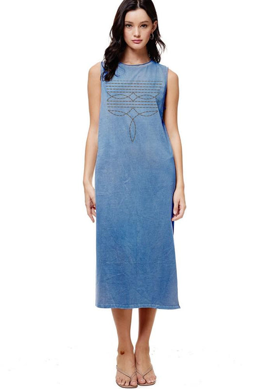 COWBOY BOOT TOE STITCH GRAPHIC MIDI DRESS | DENIM BLUE