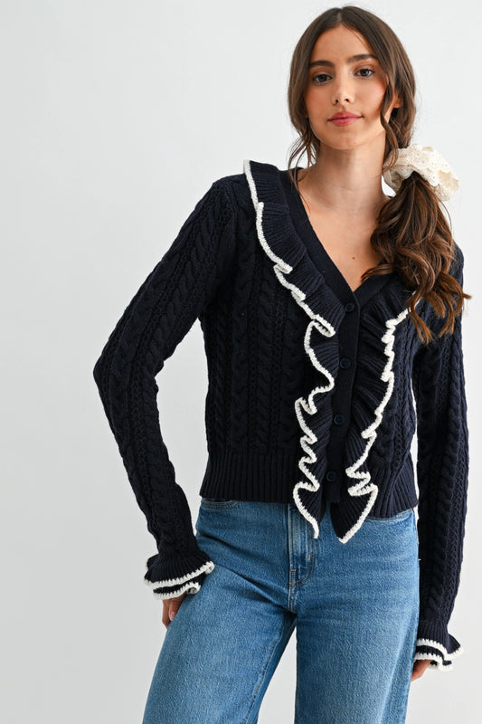 PETERSON RUFFLE WOOL BLEND CARDIGAN | NAVY