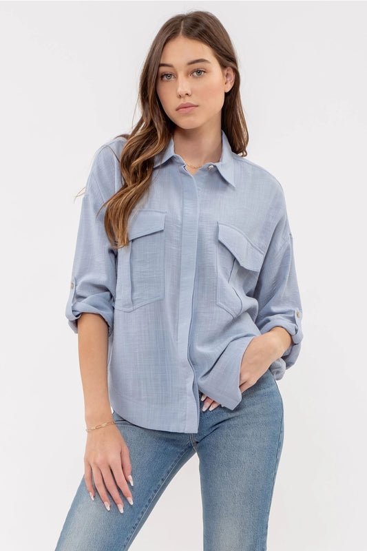 EVIE LIGHTWEIGHT COLLARED BUTTON DOWN SHIRT | BLUE