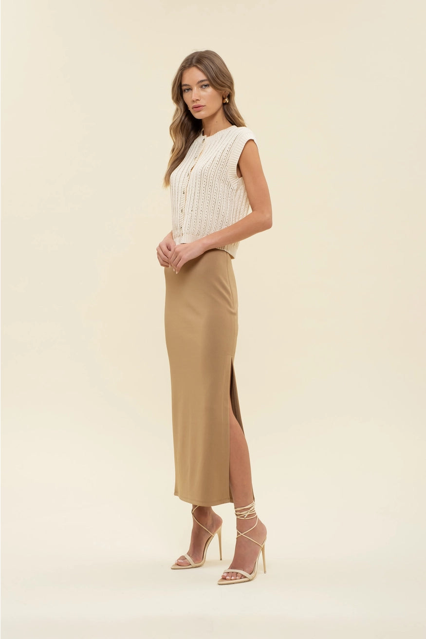 APRIL HIGH WAIST SIDE SLIT MIDI SKIRT