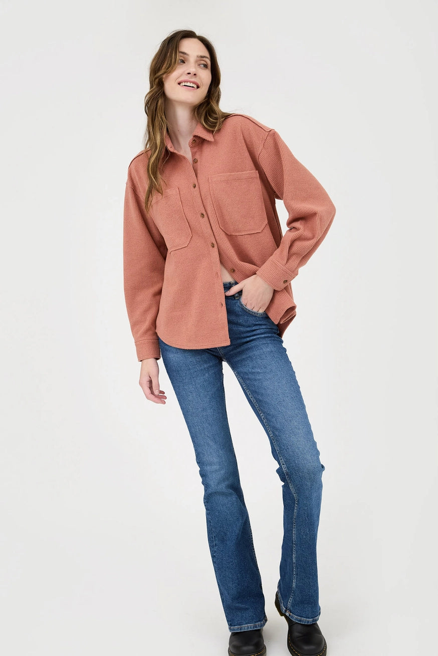 MAEVE RIBBED KNIT EXPOSED SEAM SHIRT