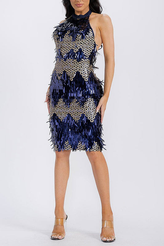 DOMINIQUE HALTER SEQUIN MIDI DRESS | NAVY/GOLD