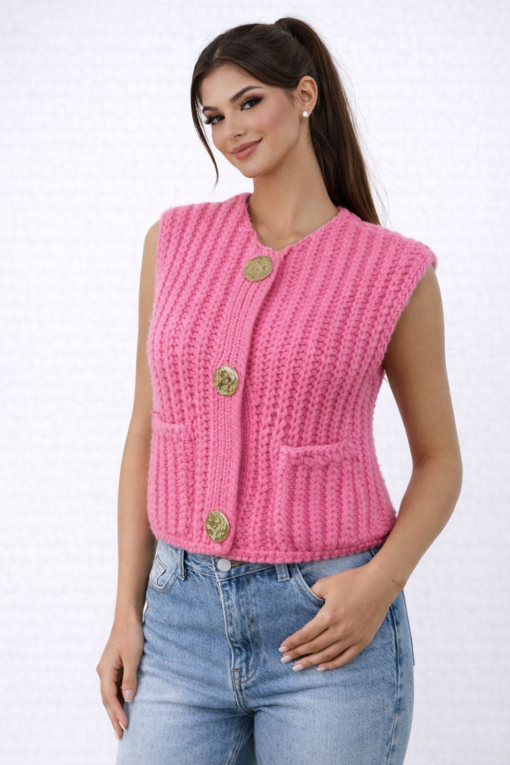 HYLAND SLEEVELESS BUTTON DETAIL SWEATER