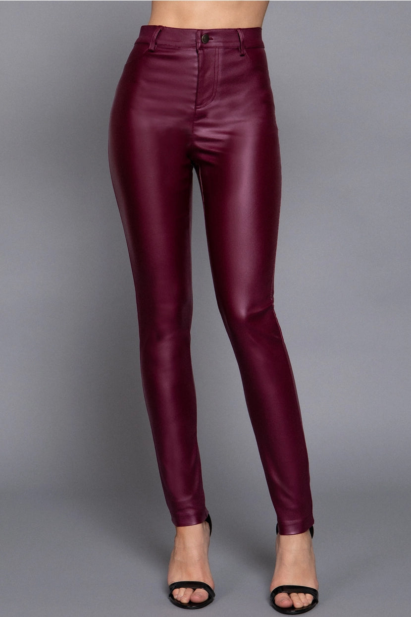 PERLA COATED SKINNY PANTS | BURGUNDY