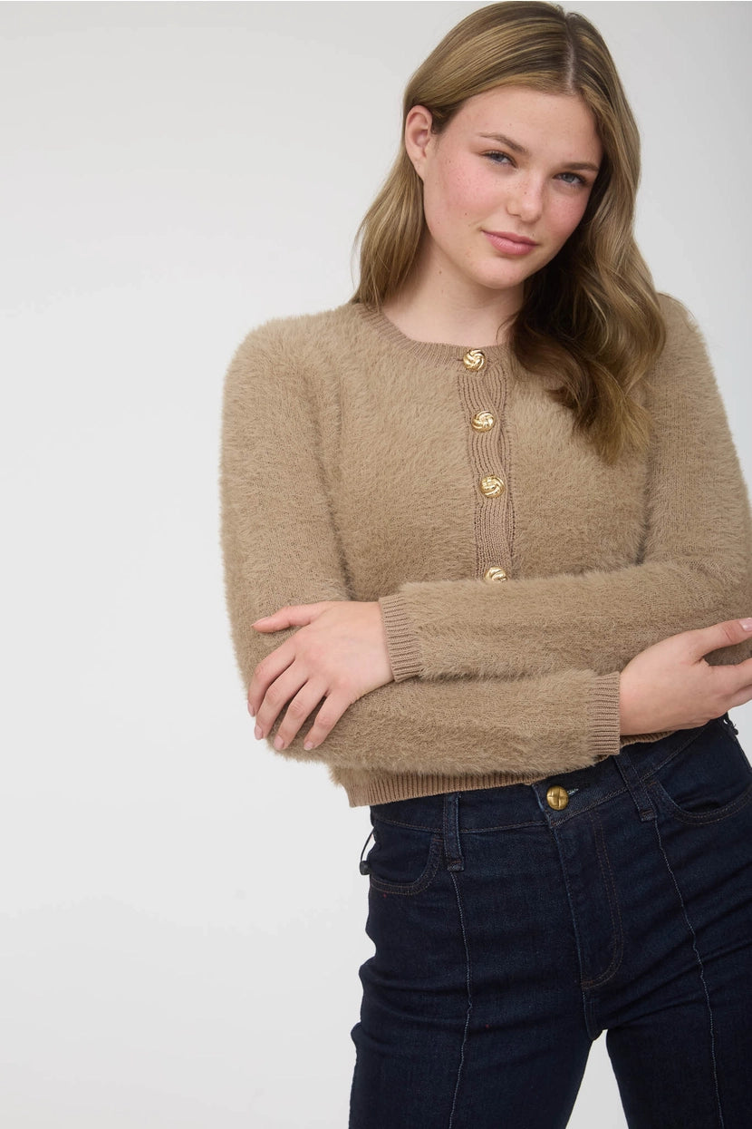 MALANY FUZZY KNIT BUTTON FRONT CARDIGAN