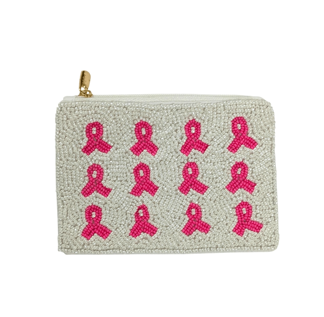 BREAST CANCER RIBBON BEADED COIN PURSE