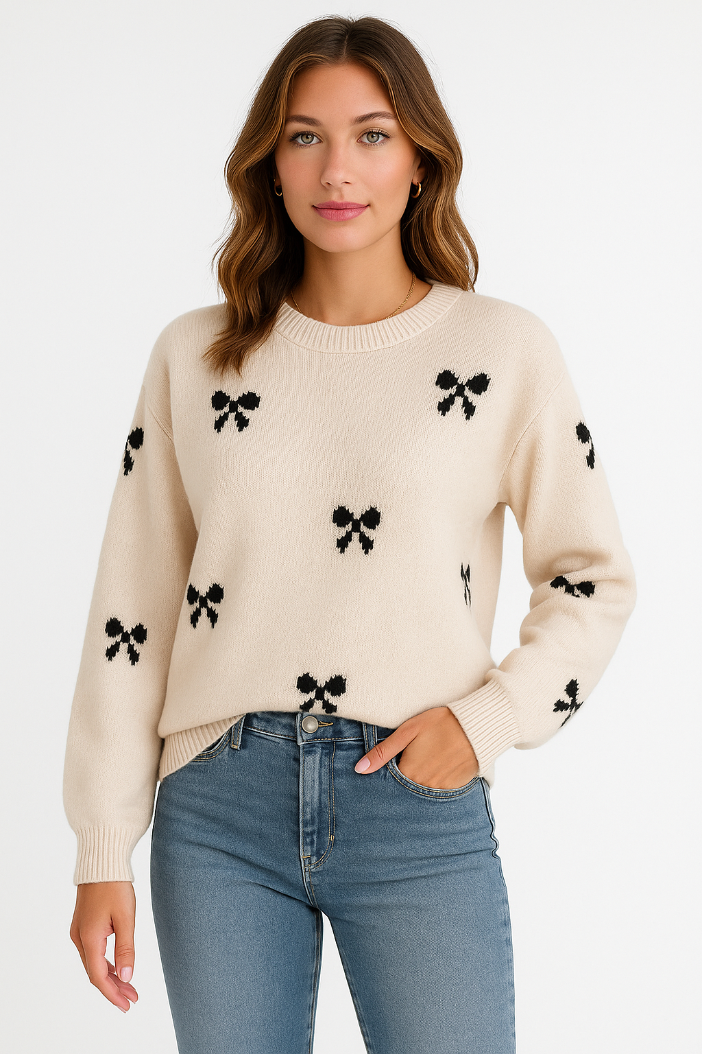 RILEY ALL OVER BOW DESIGN KNIT SWEATER
