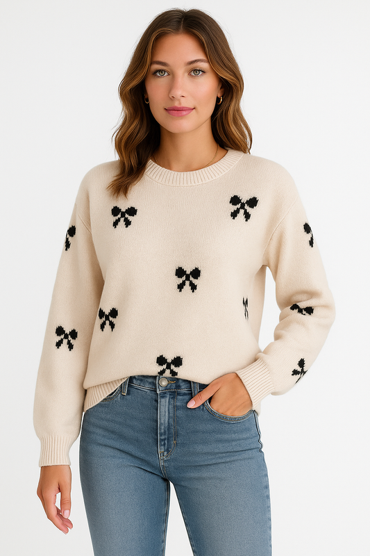 RILEY ALL OVER BOW DESIGN KNIT SWEATER