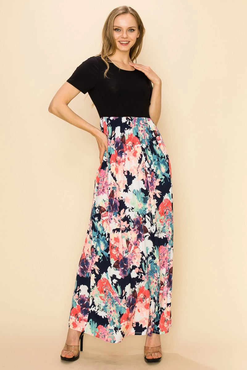 ANASTASIA FLORAL COLOUR BLOCK MAXI DRESS