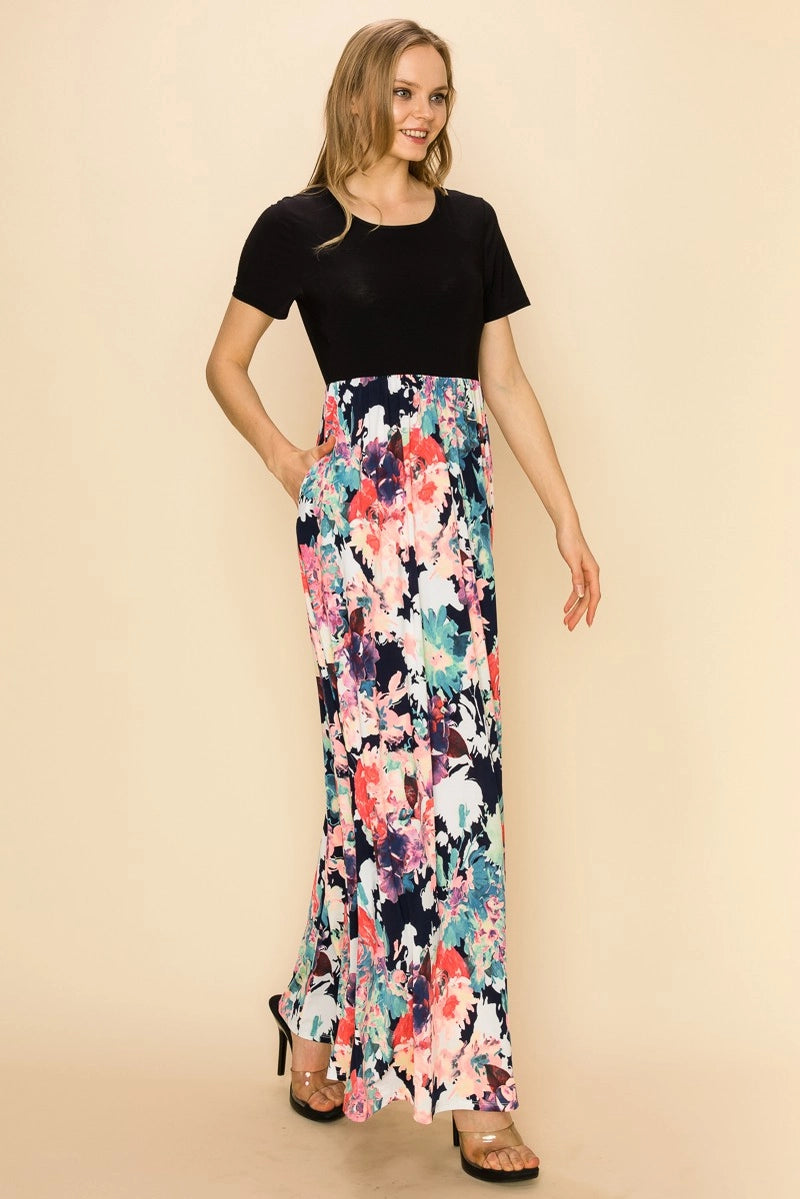 ANASTASIA FLORAL COLOUR BLOCK MAXI DRESS