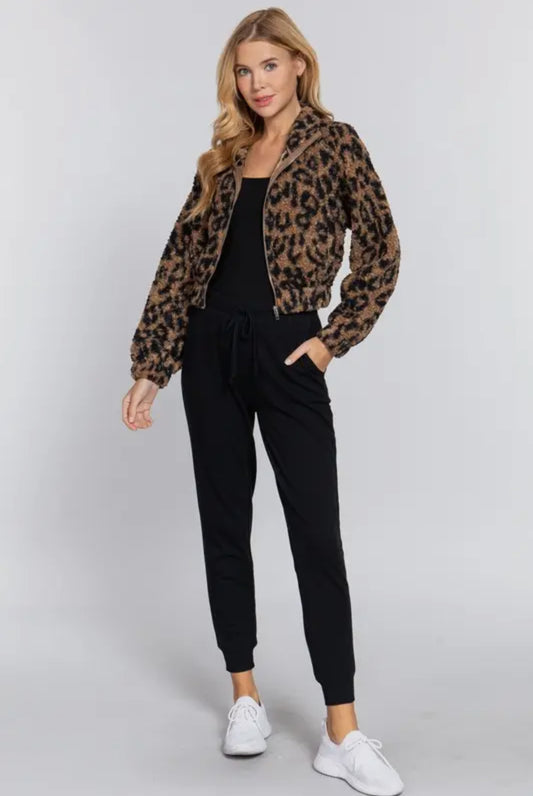 CARRIE ANIMAL PRINT FAUX FUR SHERPA JACKET