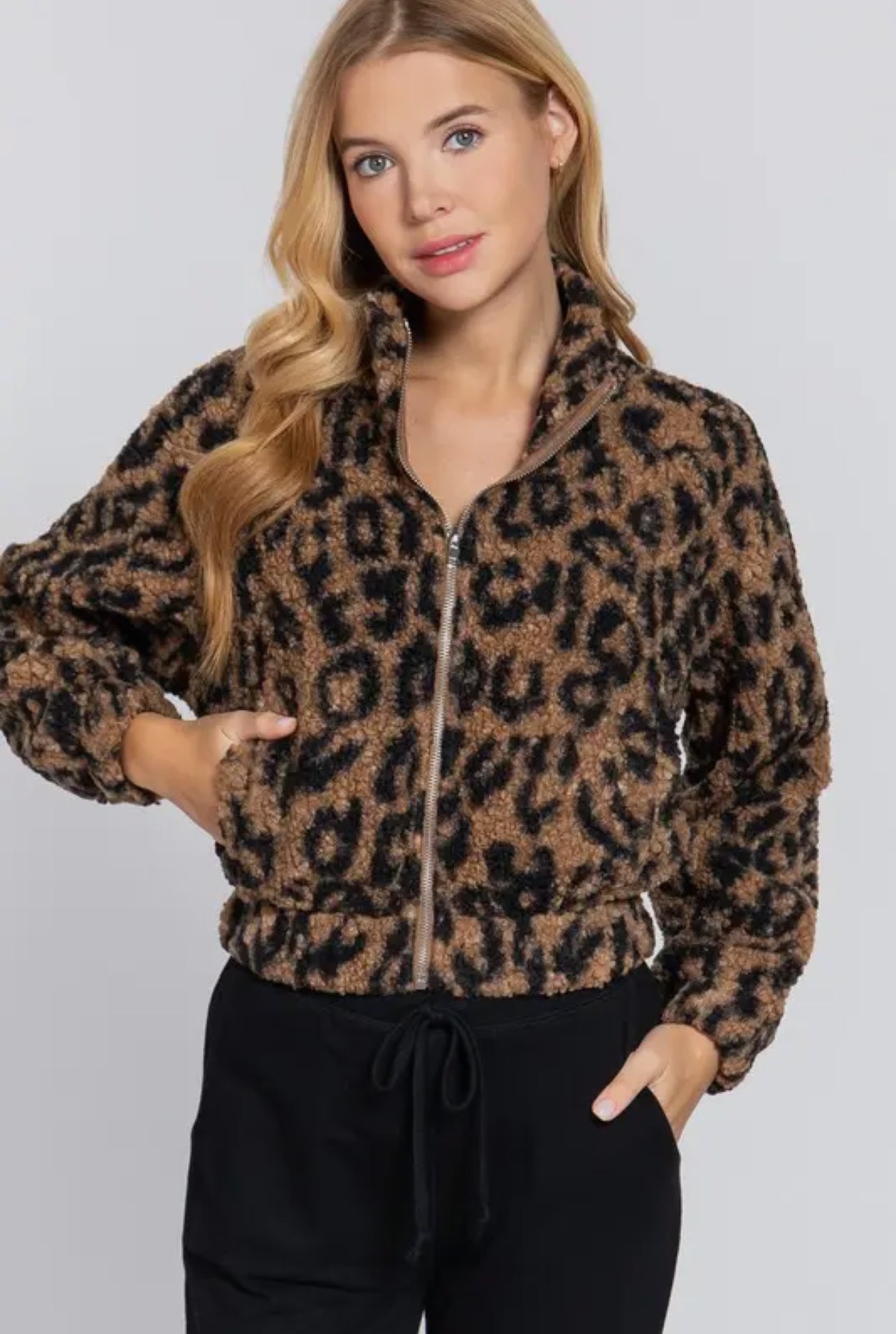 CARRIE ANIMAL PRINT FAUX FUR SHERPA JACKET