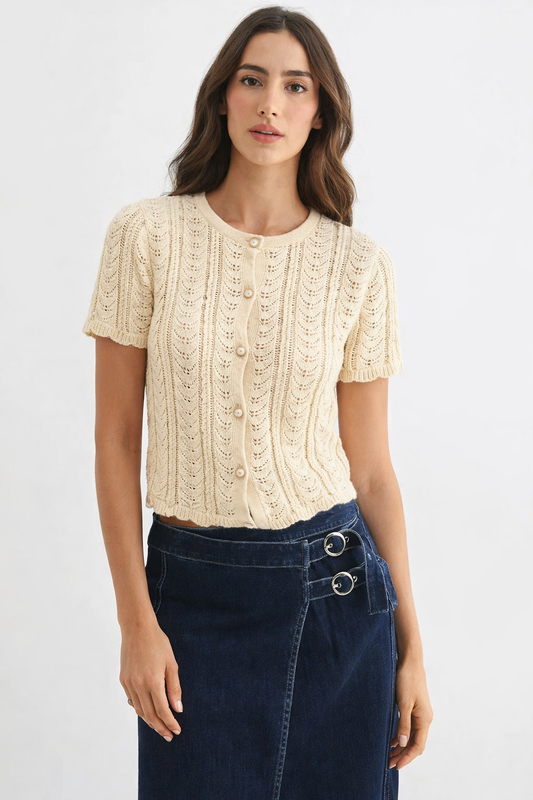 GRACIE LACE KNIT PEARL DETAIL SHORT SLEEVE CARDIGAN