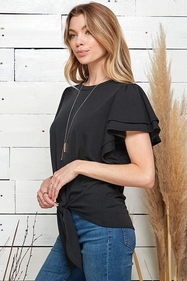 BLAYKE RUFFLE SLEEVE TIE FRONT TOP | BLACK