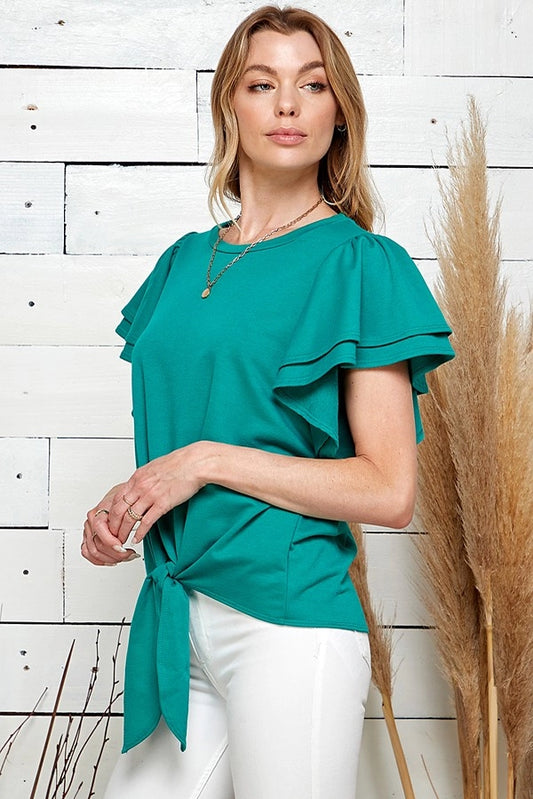 BLAYKE RUFFLE SLEEVE TIE FRONT TOP | KELLY GREEN
