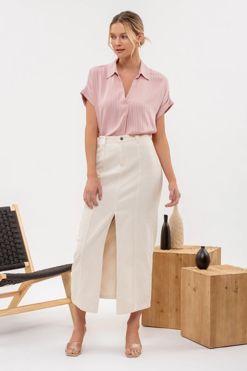 CASSIE SATIN SPLIT NECK BLOUSE | BLUSH