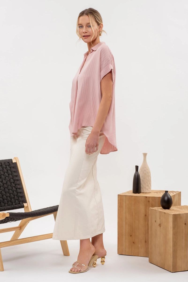 CASSIE SATIN SPLIT NECK BLOUSE | BLUSH