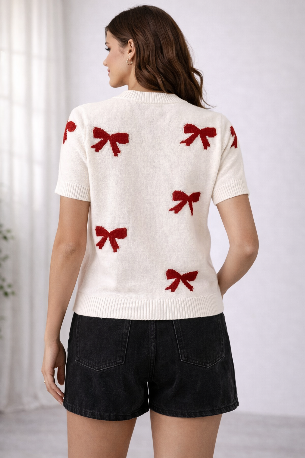 AUBREY BOW PRINT SHORT SLEEVE SWEATER