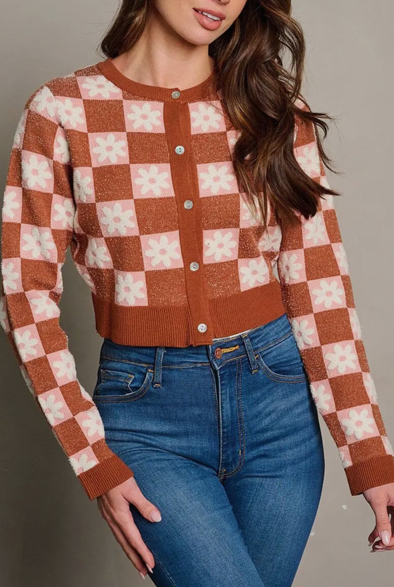 LILIANA CHECKERED BUTTON FRONT DAISY SWEATER