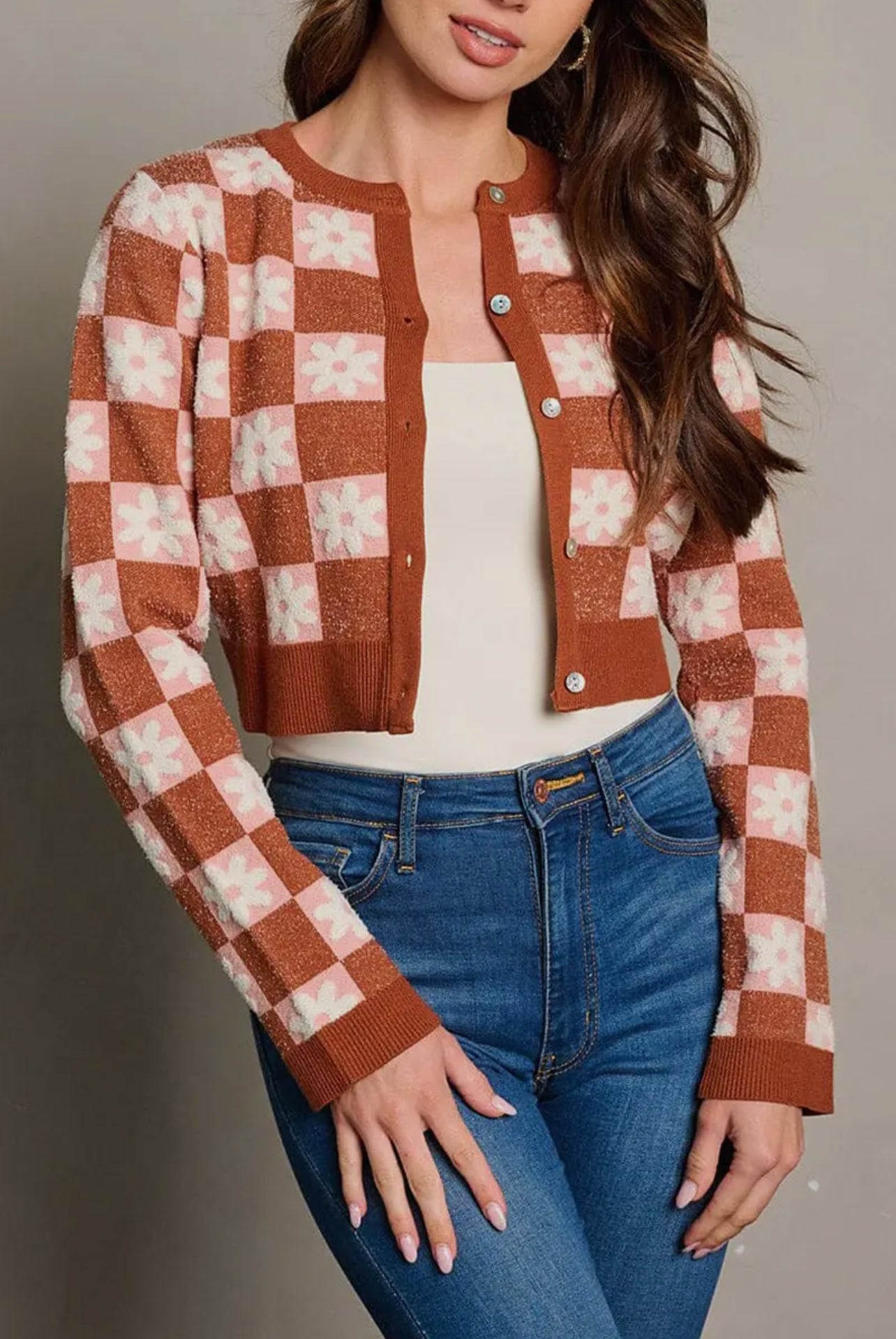 LILIANA CHECKERED BUTTON FRONT DAISY SWEATER