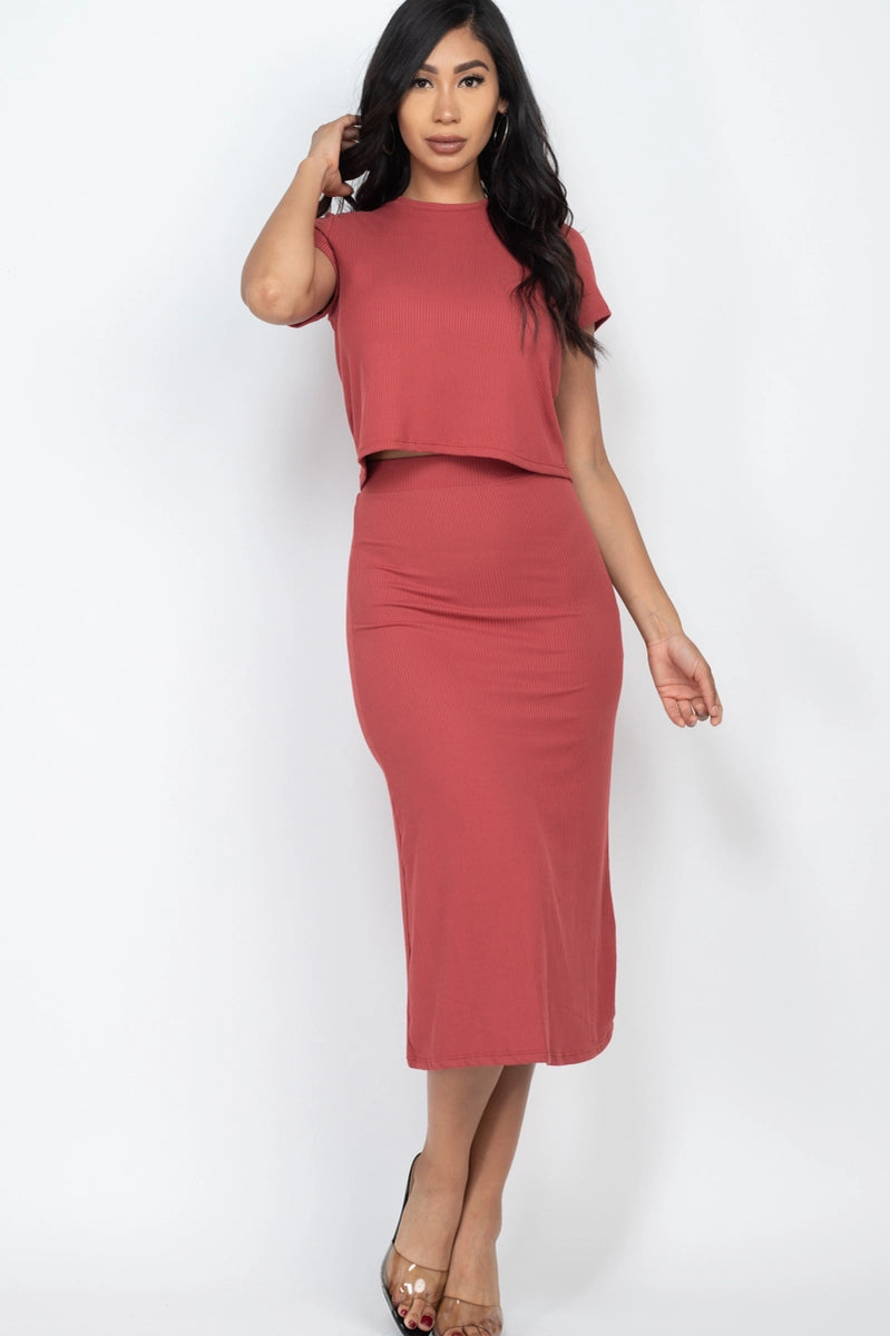 CHERIE TOP AND MIDI SKIRT SET | BRICK