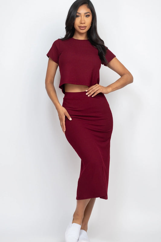 CHERIE TOP AND MIDI SKIRT SET | BURGUNDY