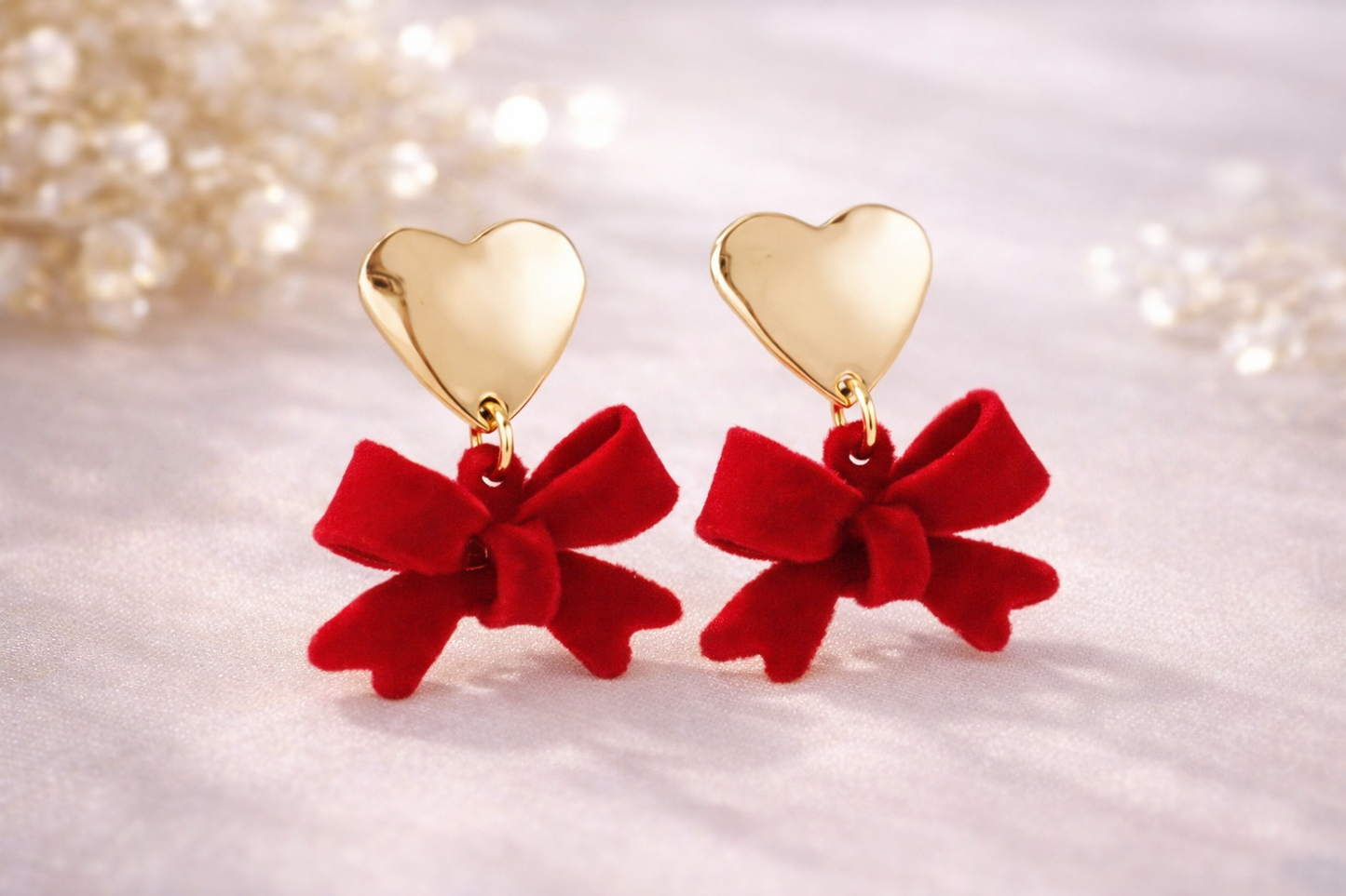 HEART STUD AND VELVET BOW DANGLE EARRINGS